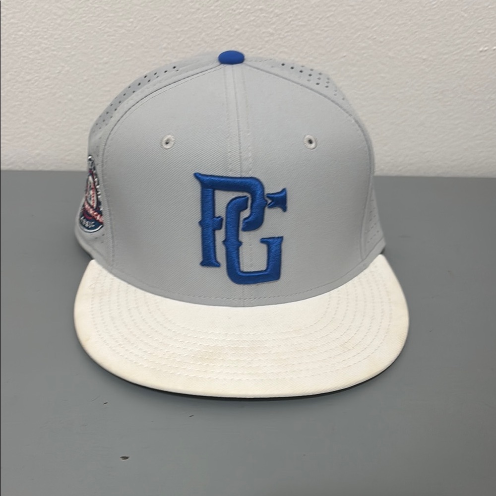 Gray and White Baseball Cap with Blue Perfect Game Logo